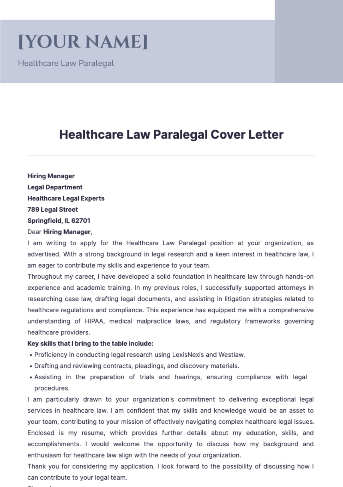 Healthcare Law Paralegal Cover Letter