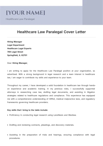 Free Healthcare Law Paralegal Cover Letter to Edit Online