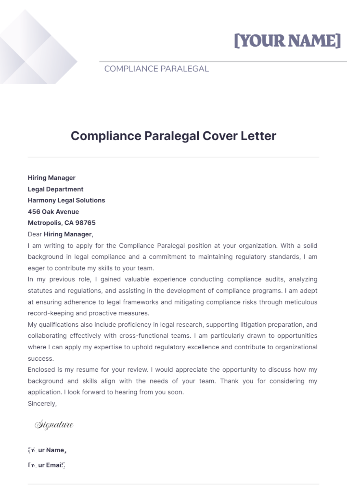 Compliance Paralegal Cover Letter