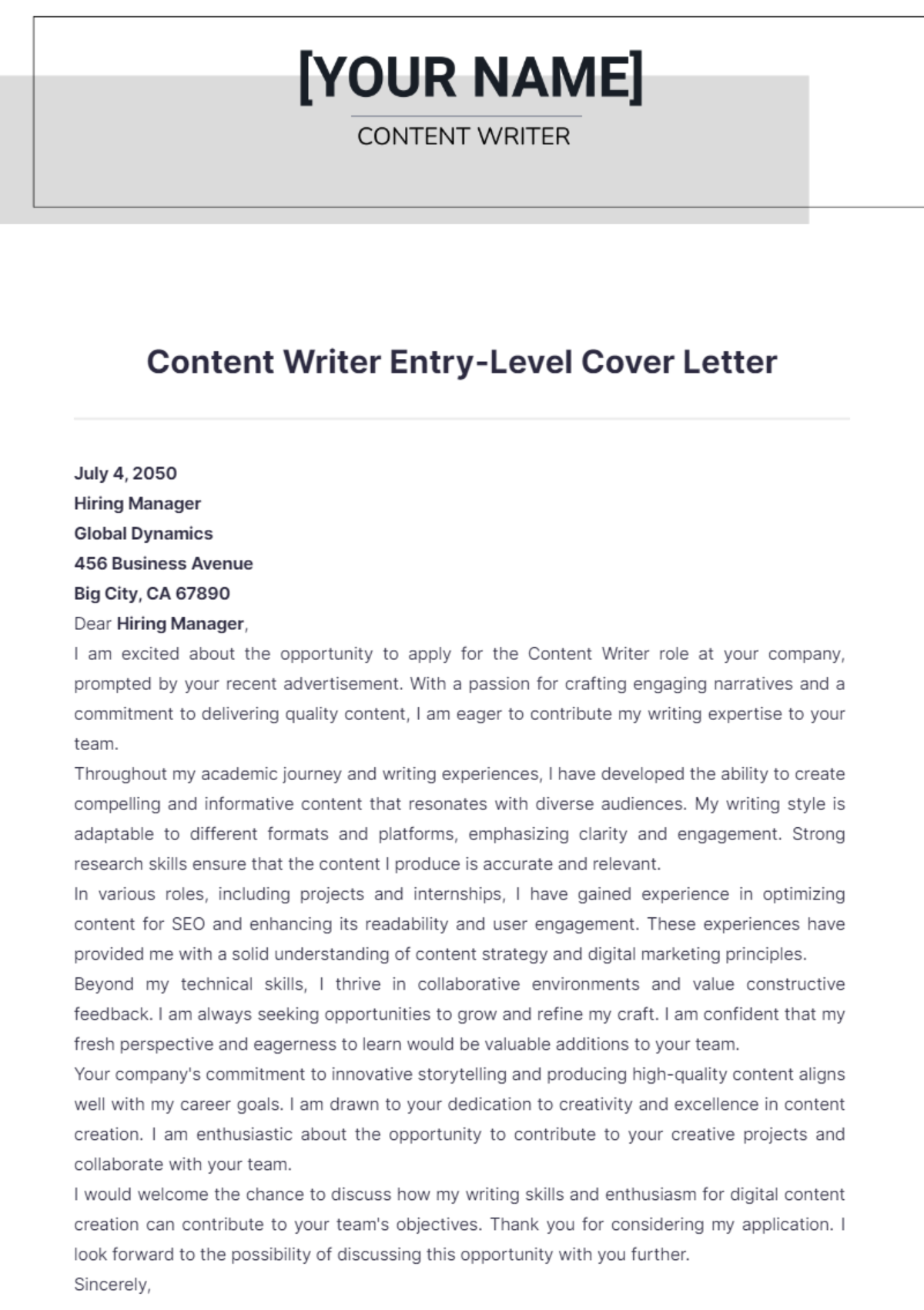 Content Writer Entry Level Cover Letter - Edit Online & Download