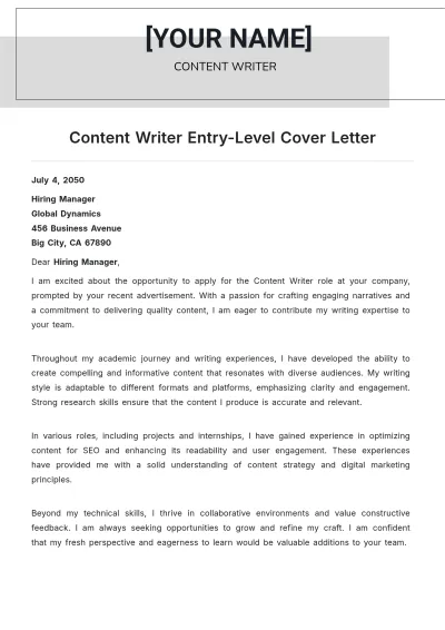 Free Content Writer Entry Level Cover Letter to Edit Online