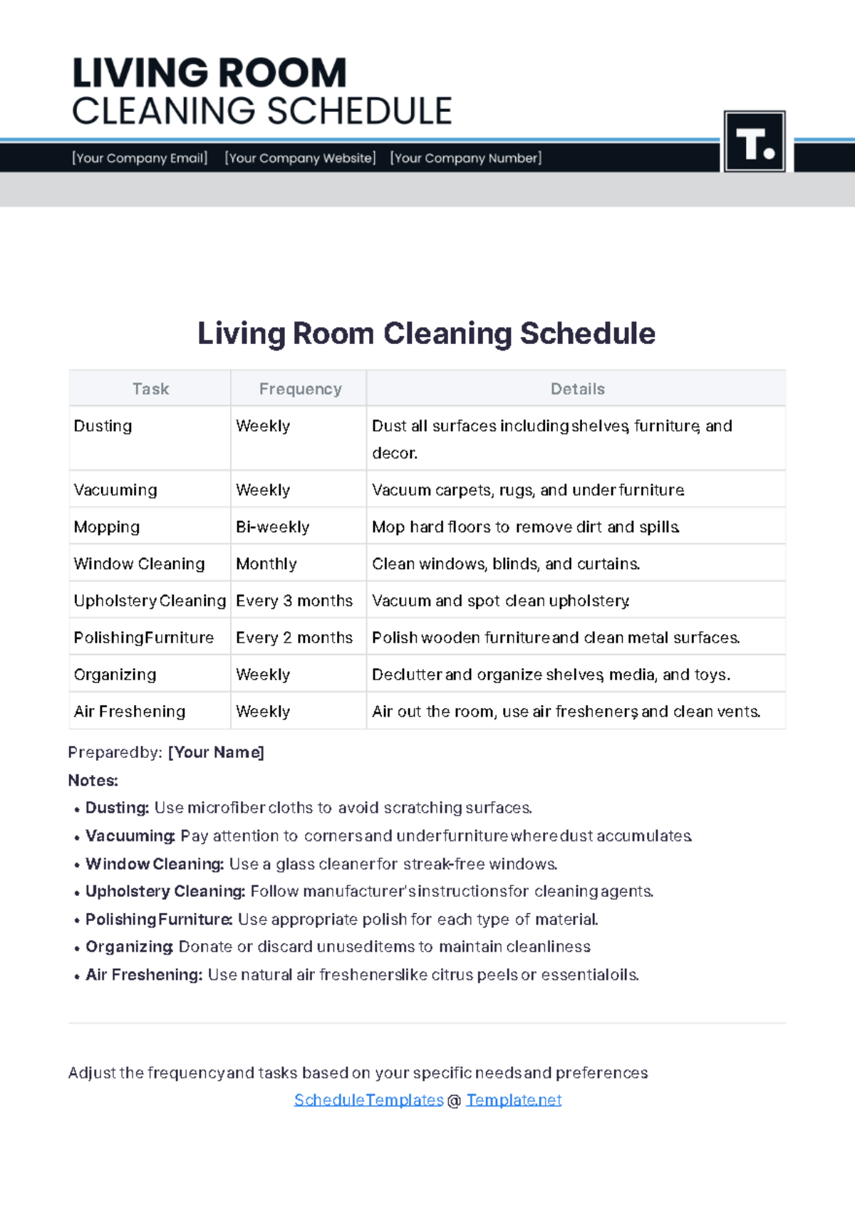 Living Room Cleaning Schedule Template - Download | Template.net