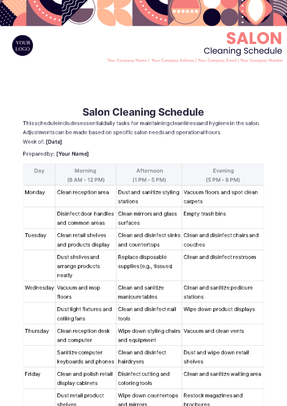 Salon Cleaning Schedule Template - Edit Online & Download