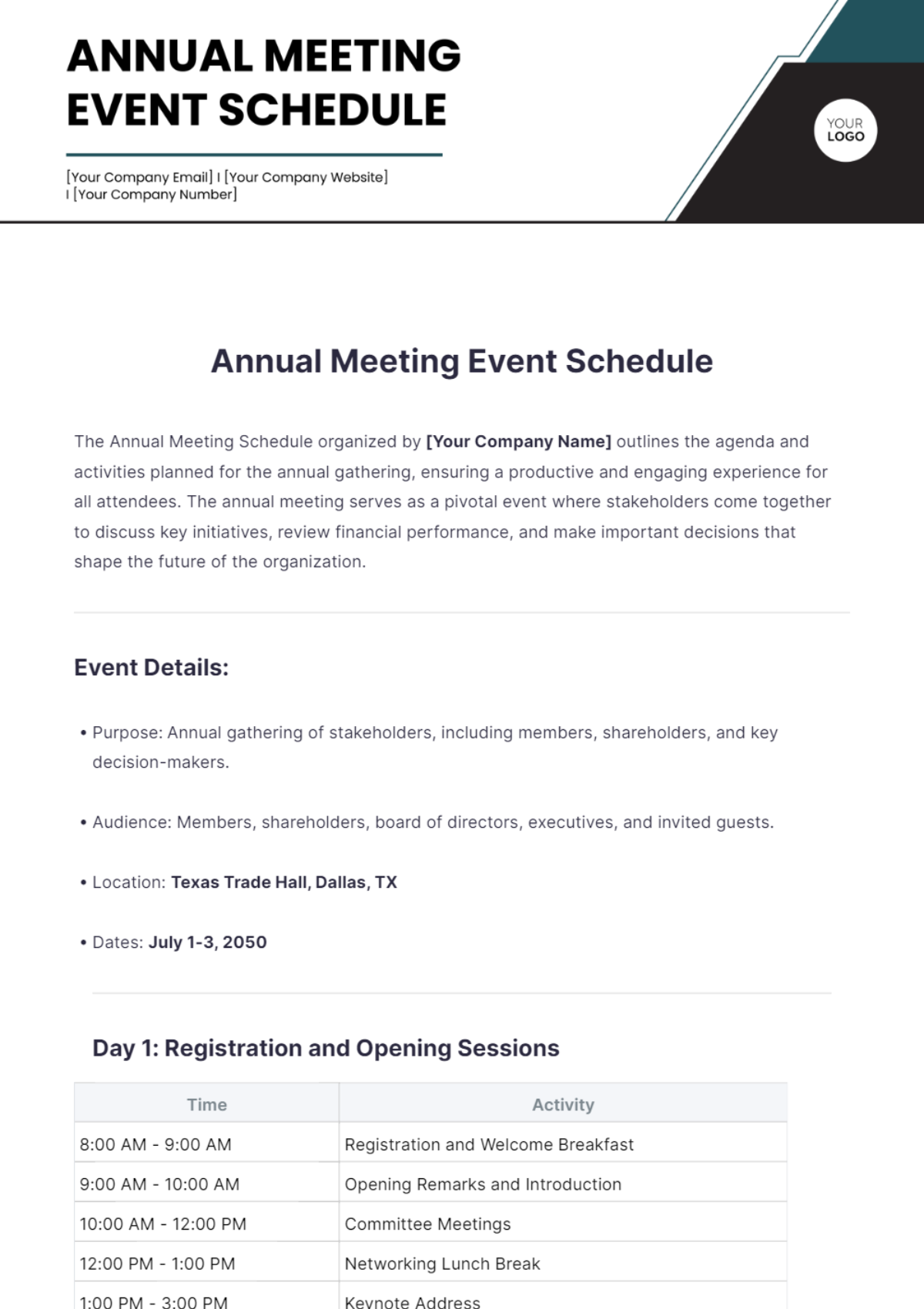 Annual Meeting Event Schedule Template - Edit Online & Download