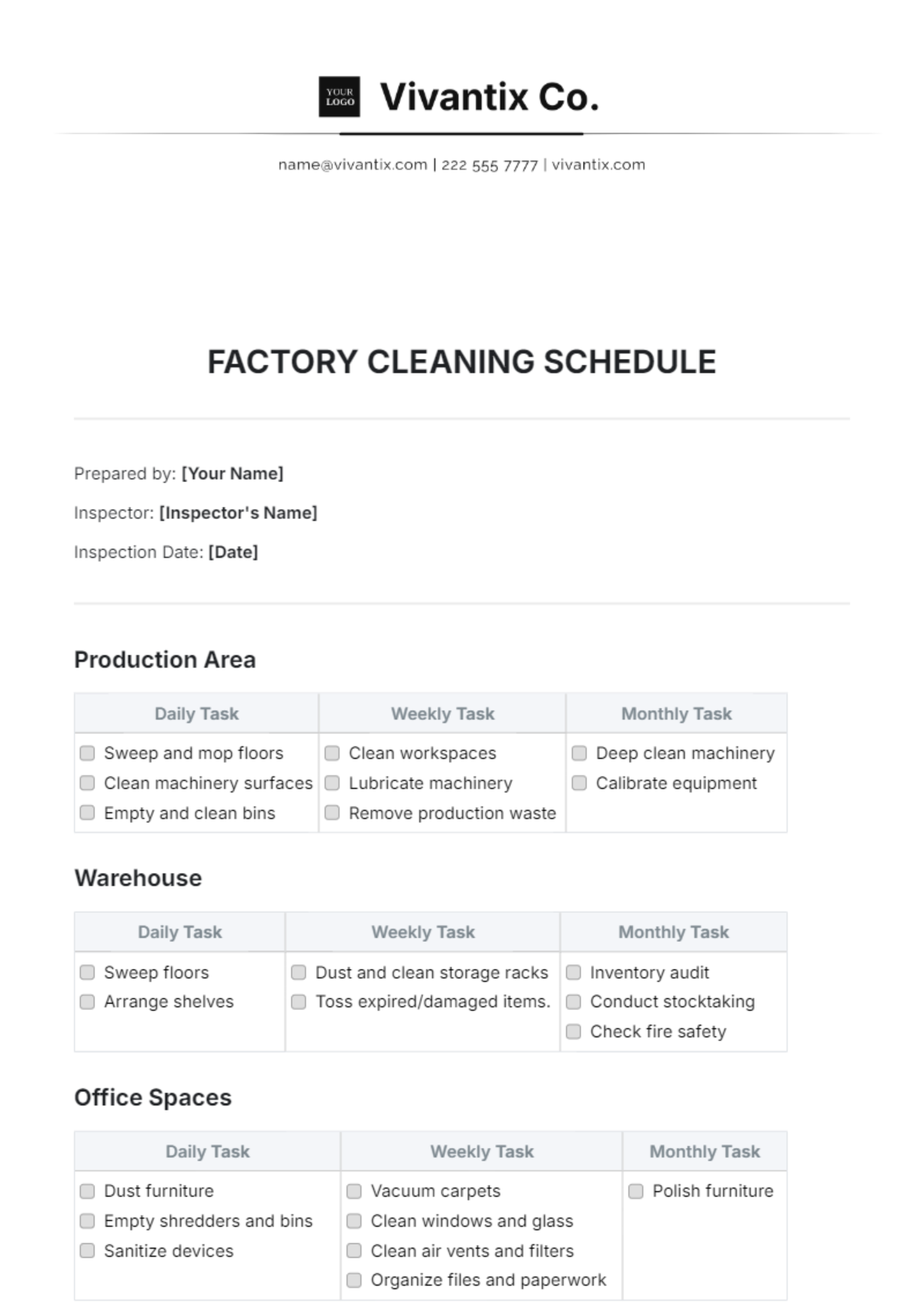 Factory Cleaning Schedule Template - Edit Online & Download