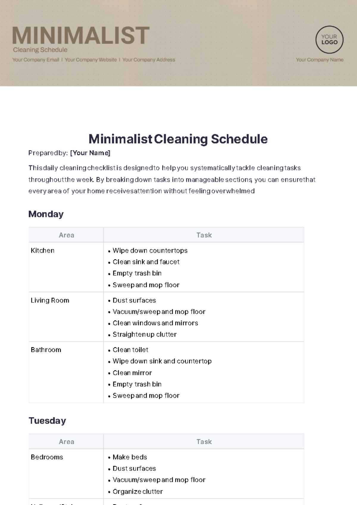 Minimalist Cleaning Schedule Template - Edit Online & Download