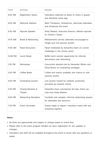Free Charity Event Schedule Template to Edit Online
