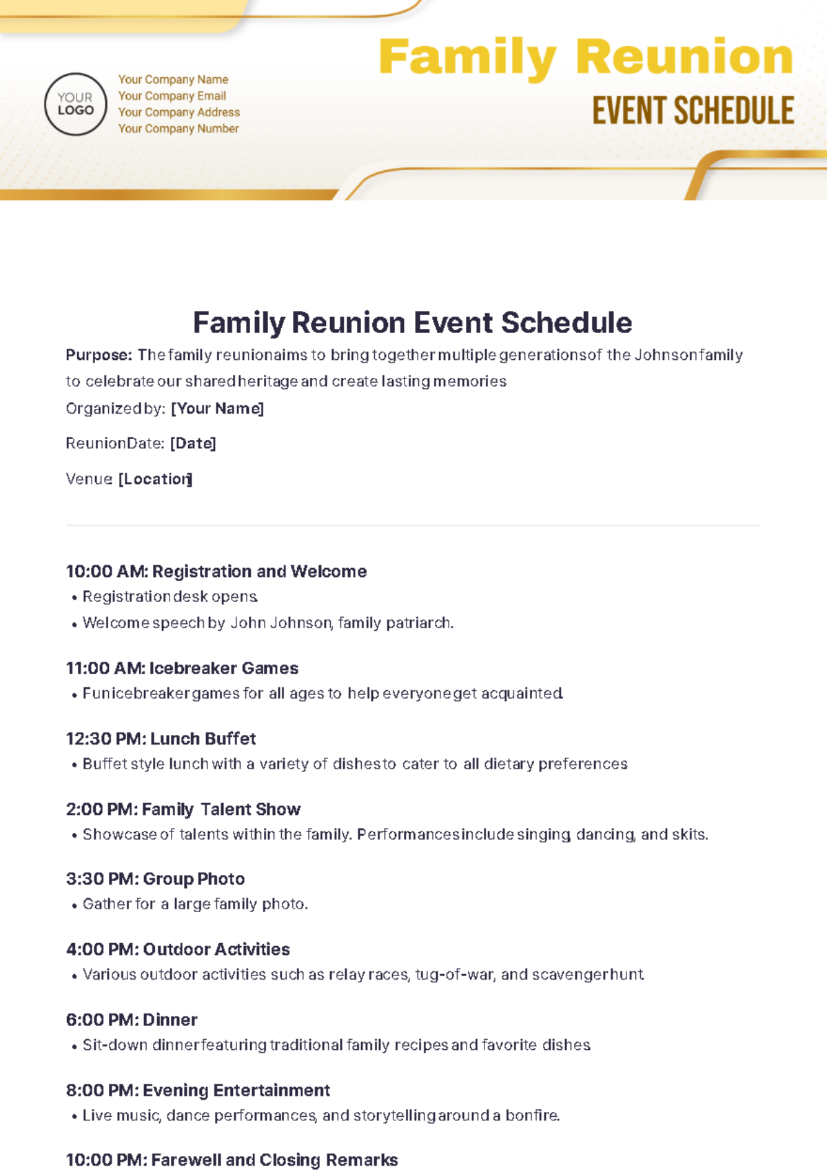 Family Reunion Event Schedule Template - Edit Online & Download