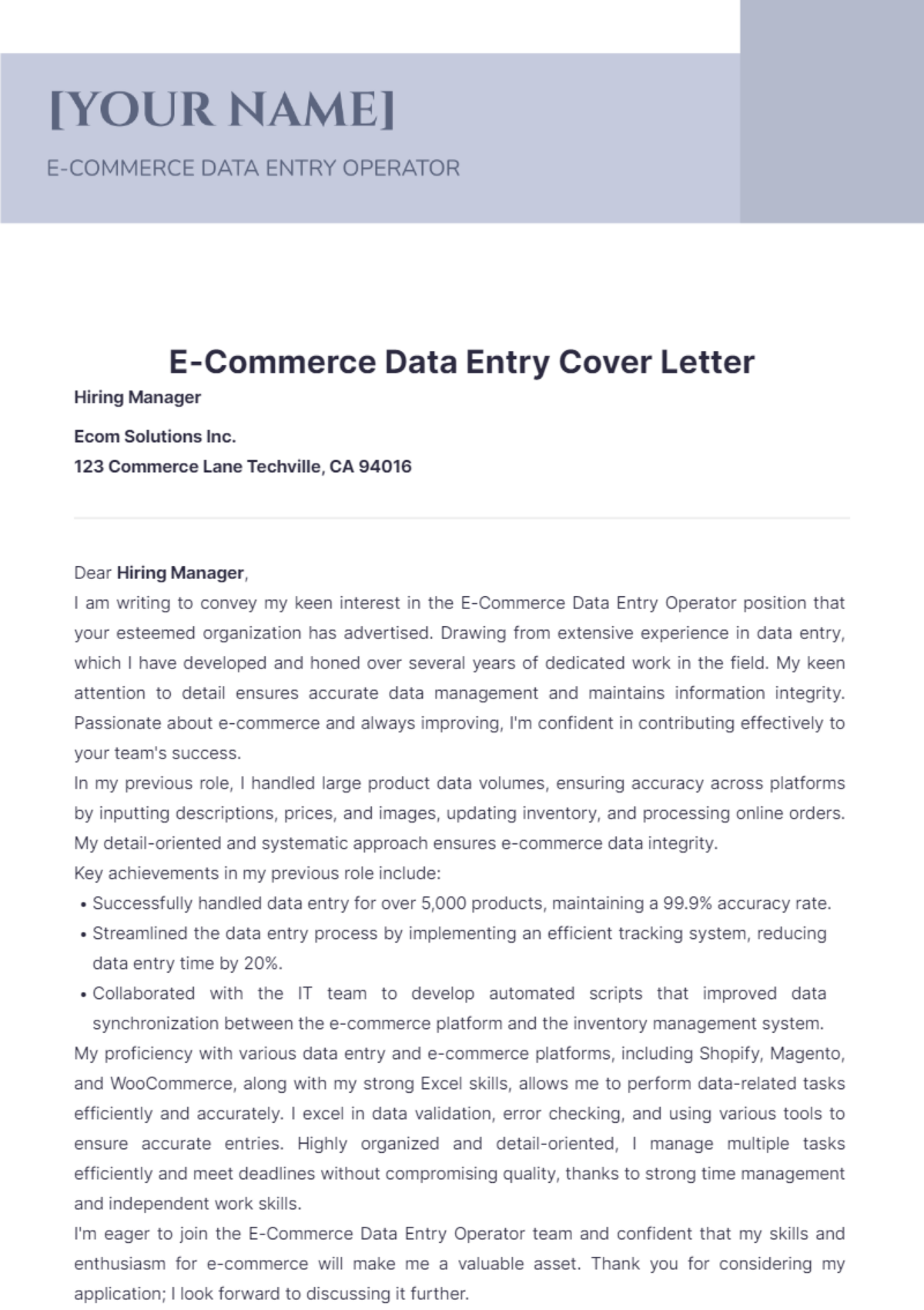 E-Commerce Data Entry Cover Letter - Edit Online & Download