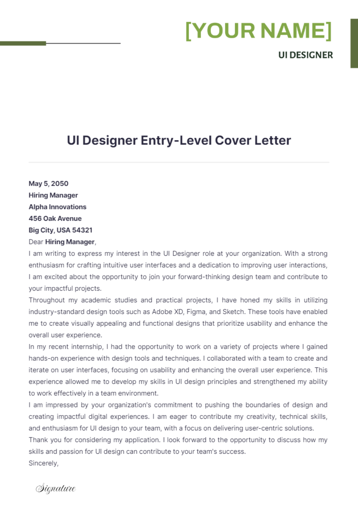 UI Designer Entry Level Cover Letter | Template.net