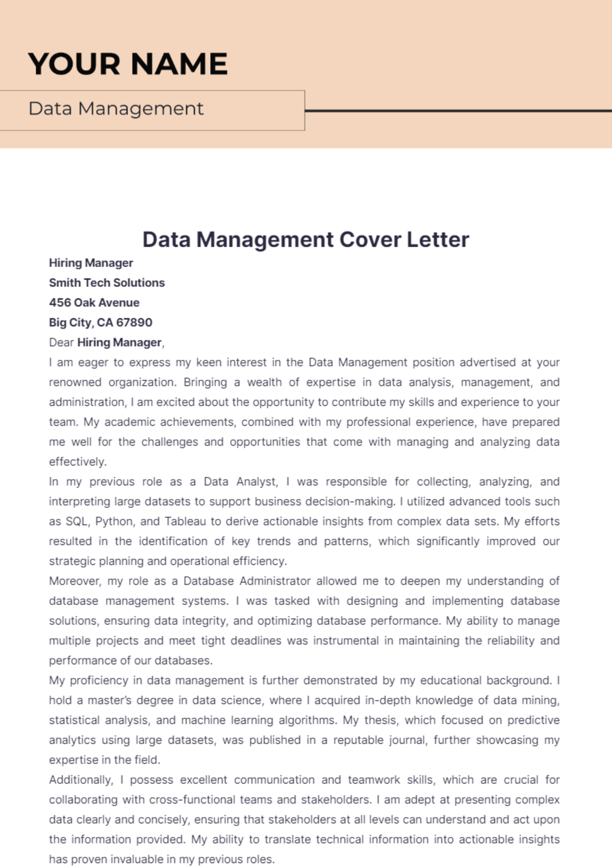 Data Management Cover Letter - Edit Online & Download