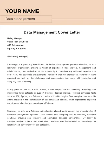 Free Data Management Cover Letter to Edit Online
