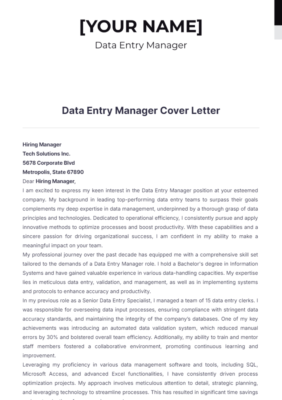 Data Entry Manager Cover Letter