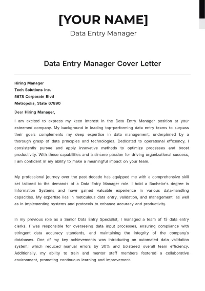 Free Data Entry Manager Cover Letter to Edit Online
