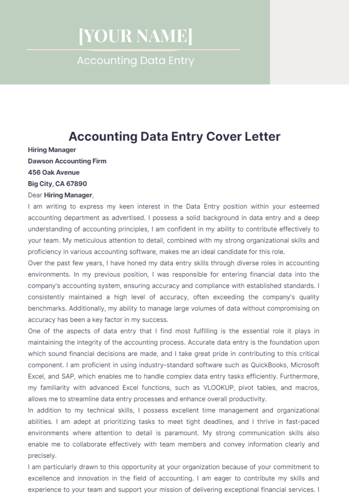 Accounting Data Entry Cover Letter - Edit Online & Download