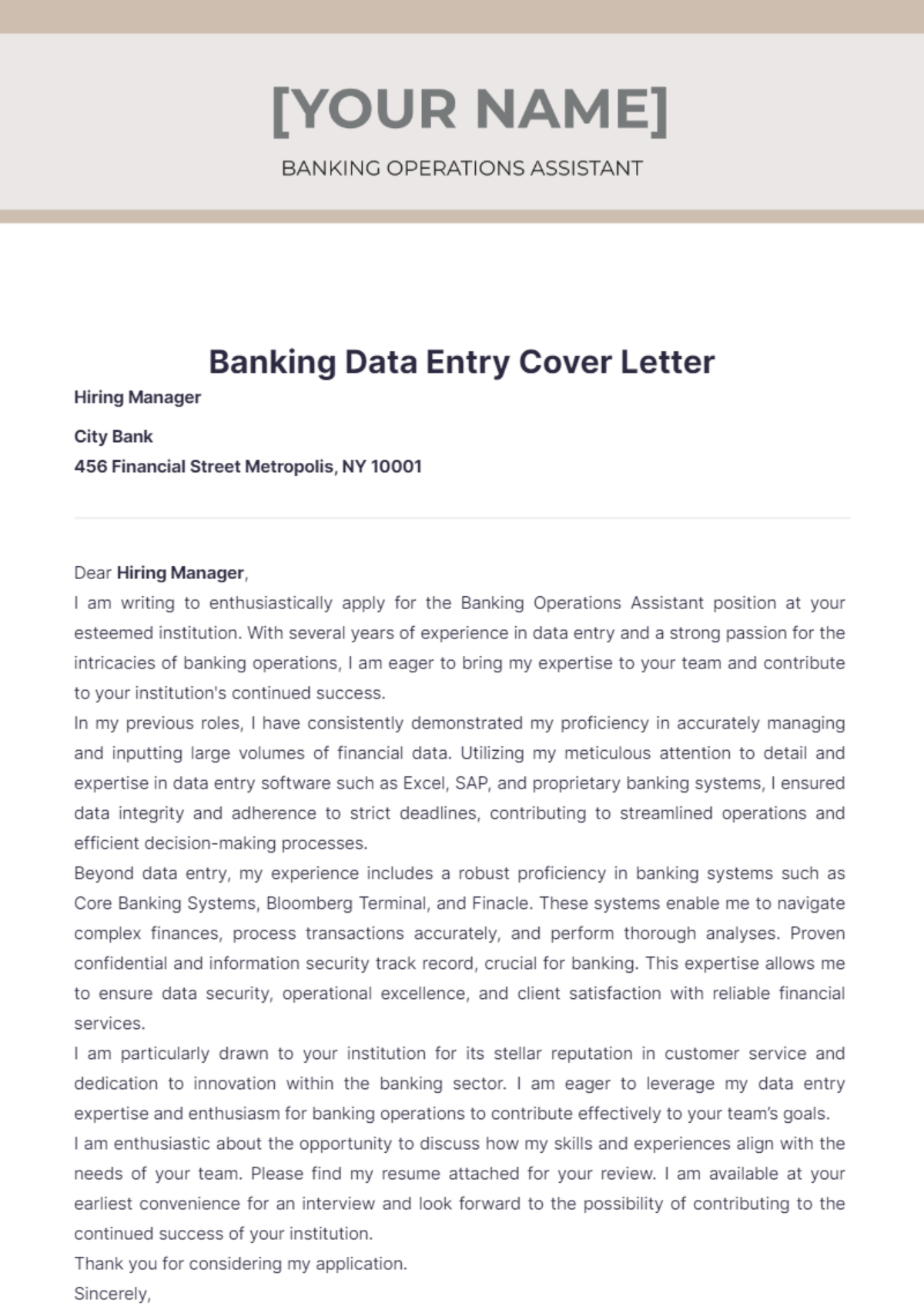 Banking Data Entry Cover Letter