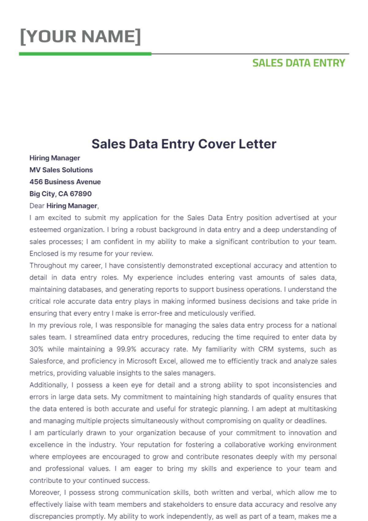 data entry cover letter template