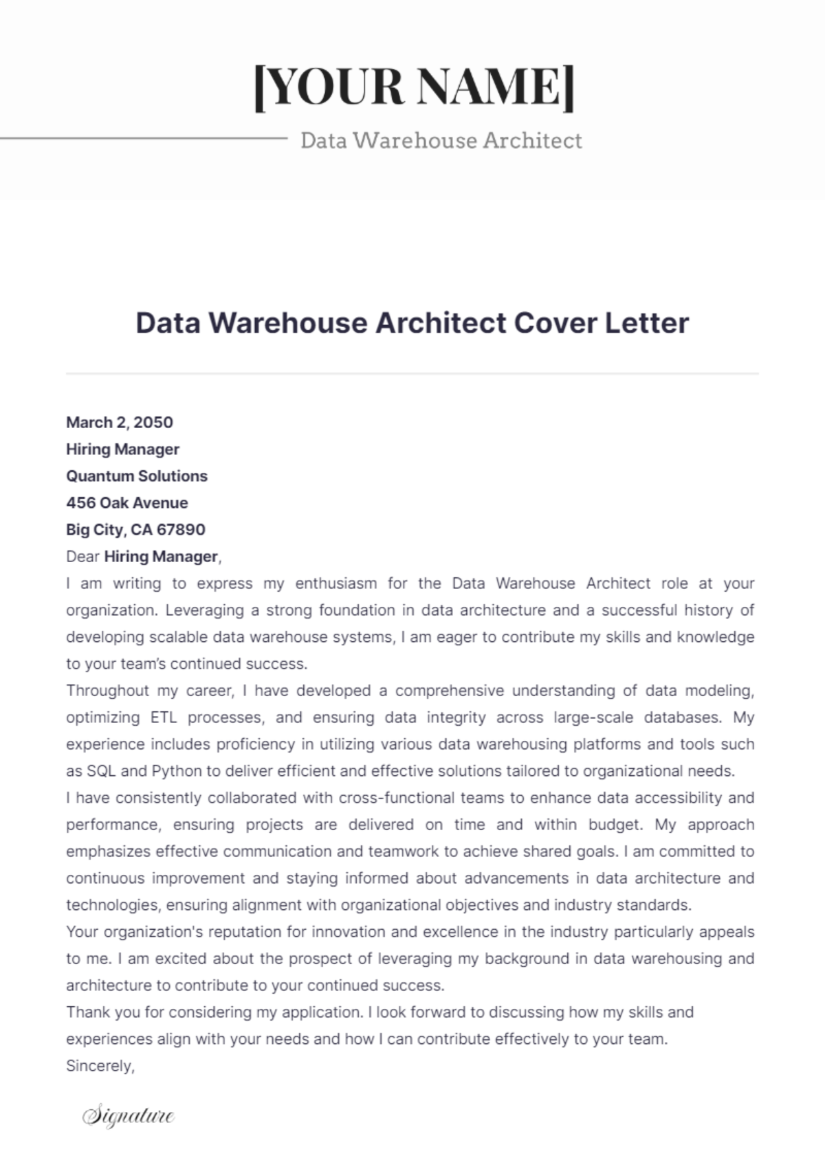 Data Warehouse Architect Cover Letter