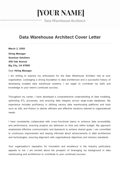 Free Data Warehouse Architect Cover Letter to Edit Online