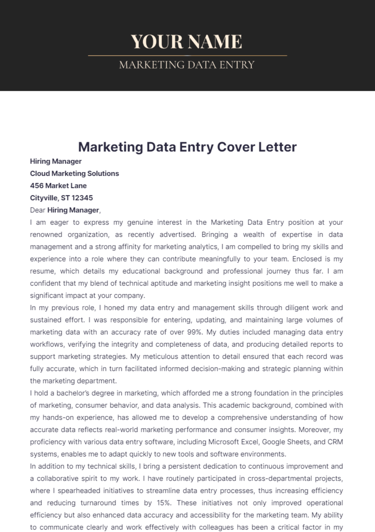 Marketing Data Entry Cover Letter - Edit Online & Download