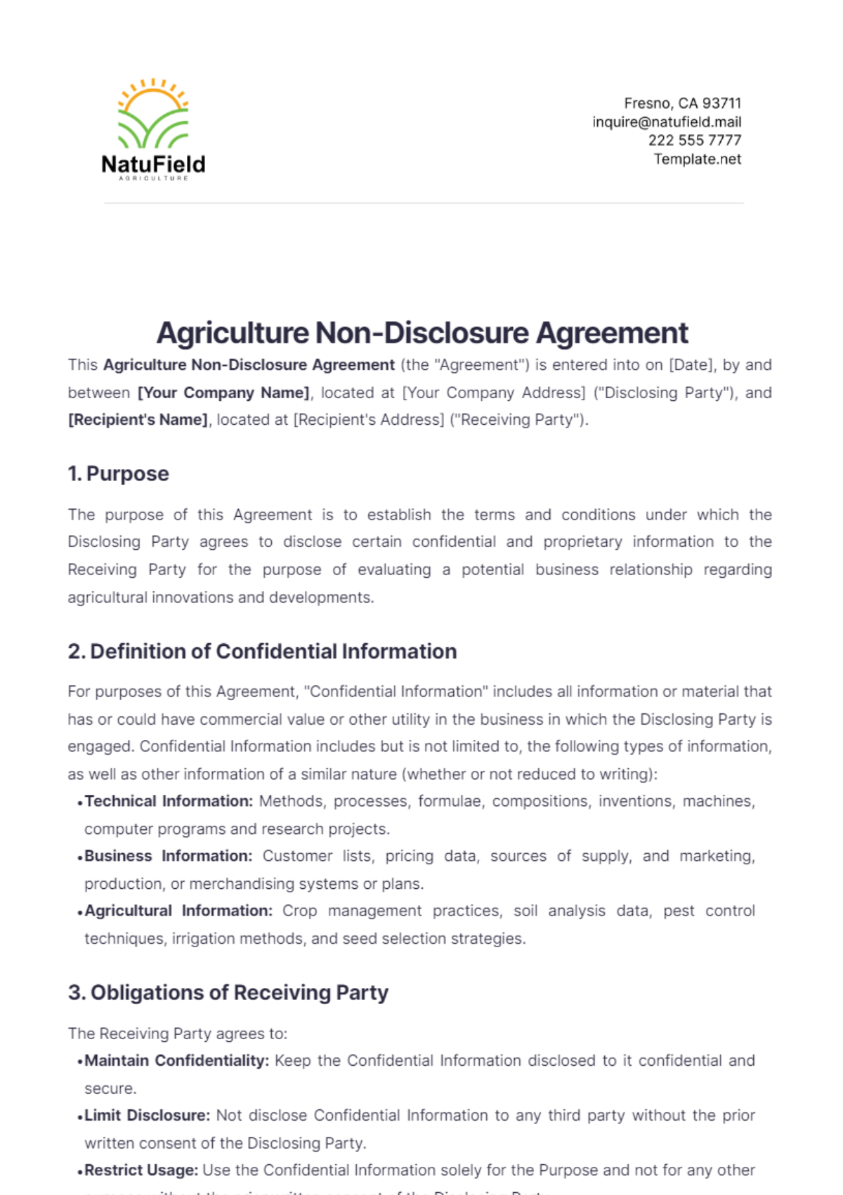 Agriculture Non-Disclosure Agreement Template