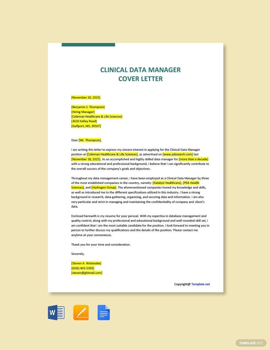 Free Clinical Data Manager Cover Letter Template