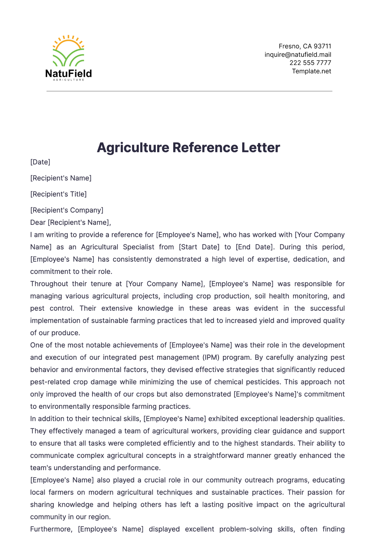 Agriculture Reference Letter Template - Edit Online & Download