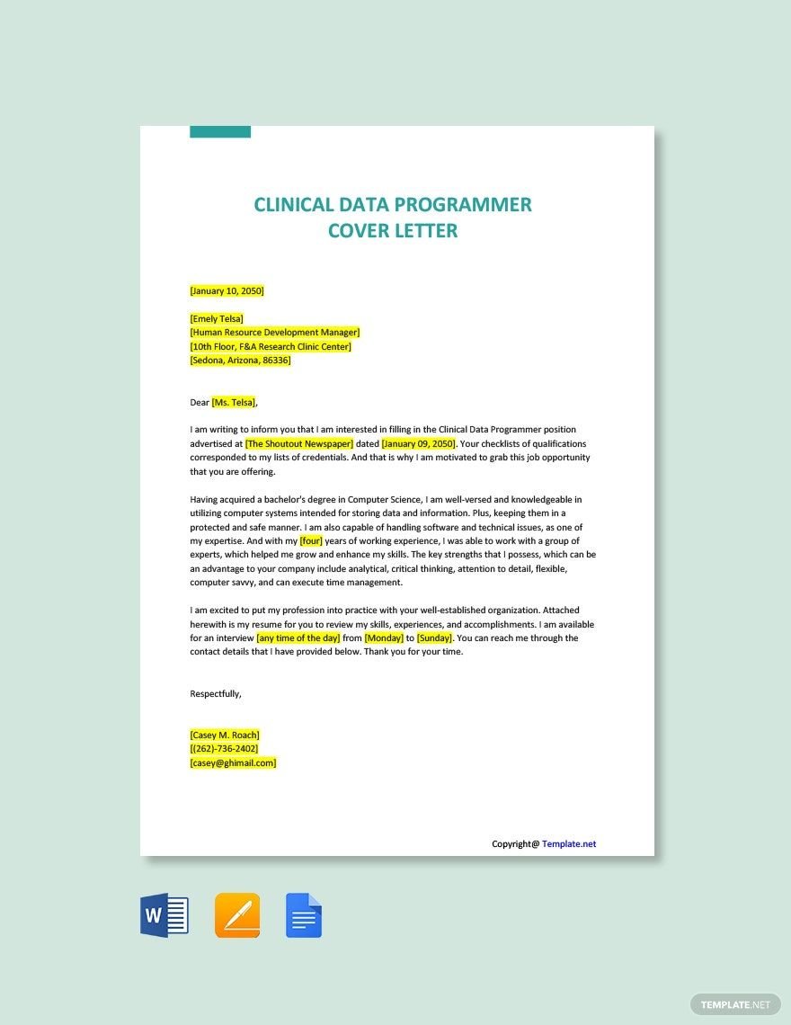 Free Clinical Data Programmer Cover Letter Template
