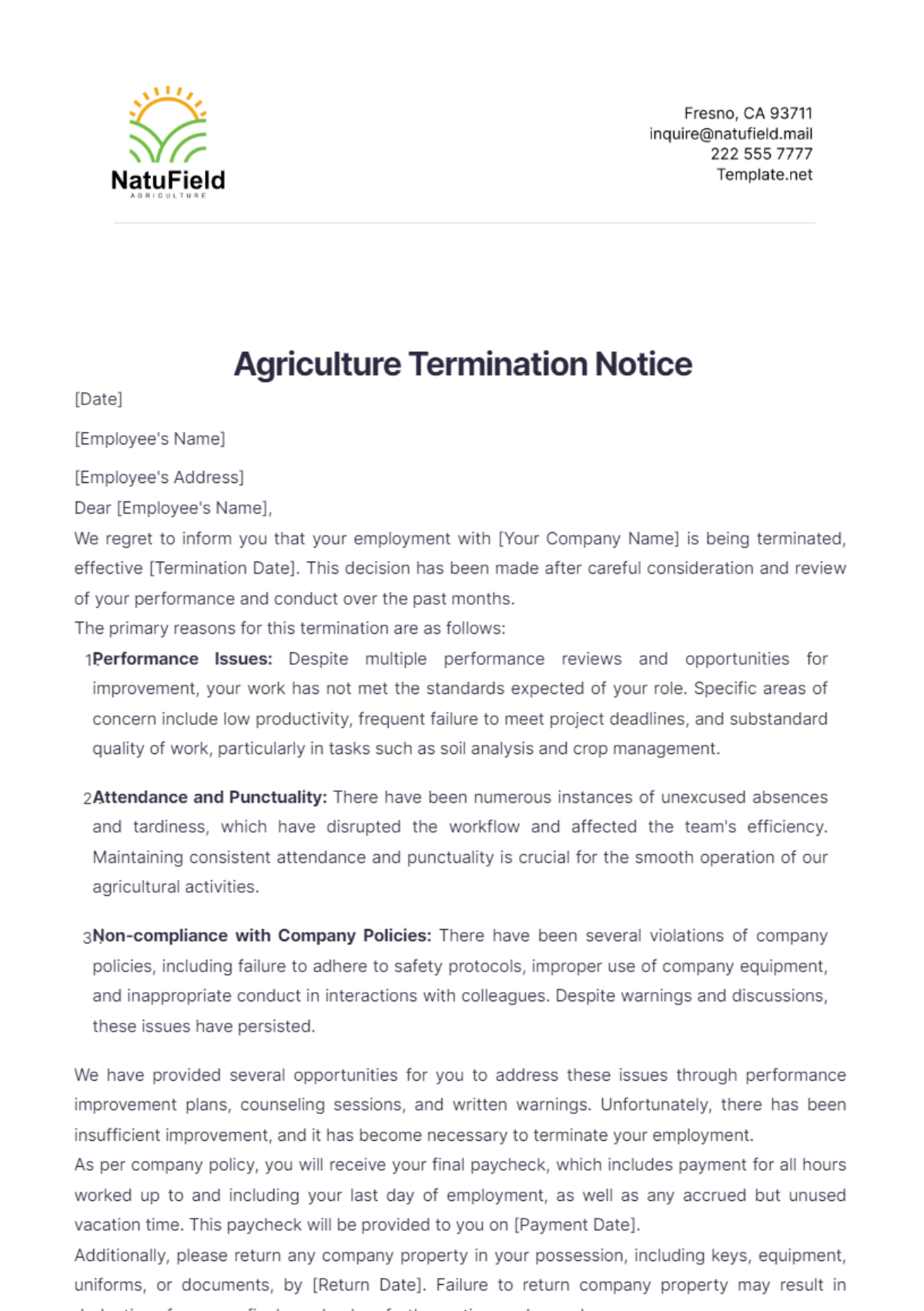 Agriculture Termination Notice Template - Edit Online & Download