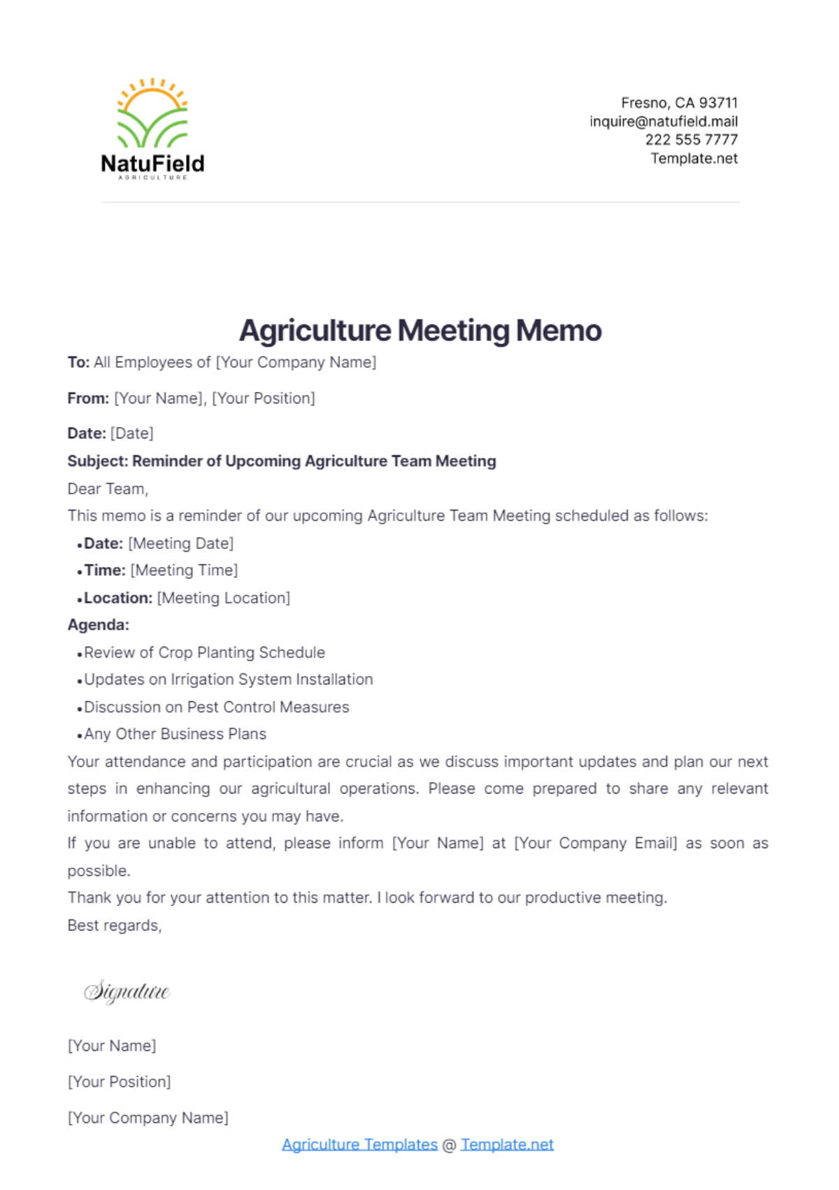 Agriculture Meeting Memo Template - Edit Online & Download