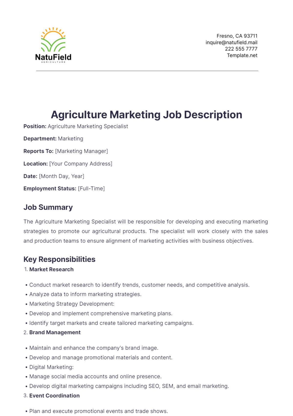 Agriculture Marketing Job Description Template - Edit Online & Download