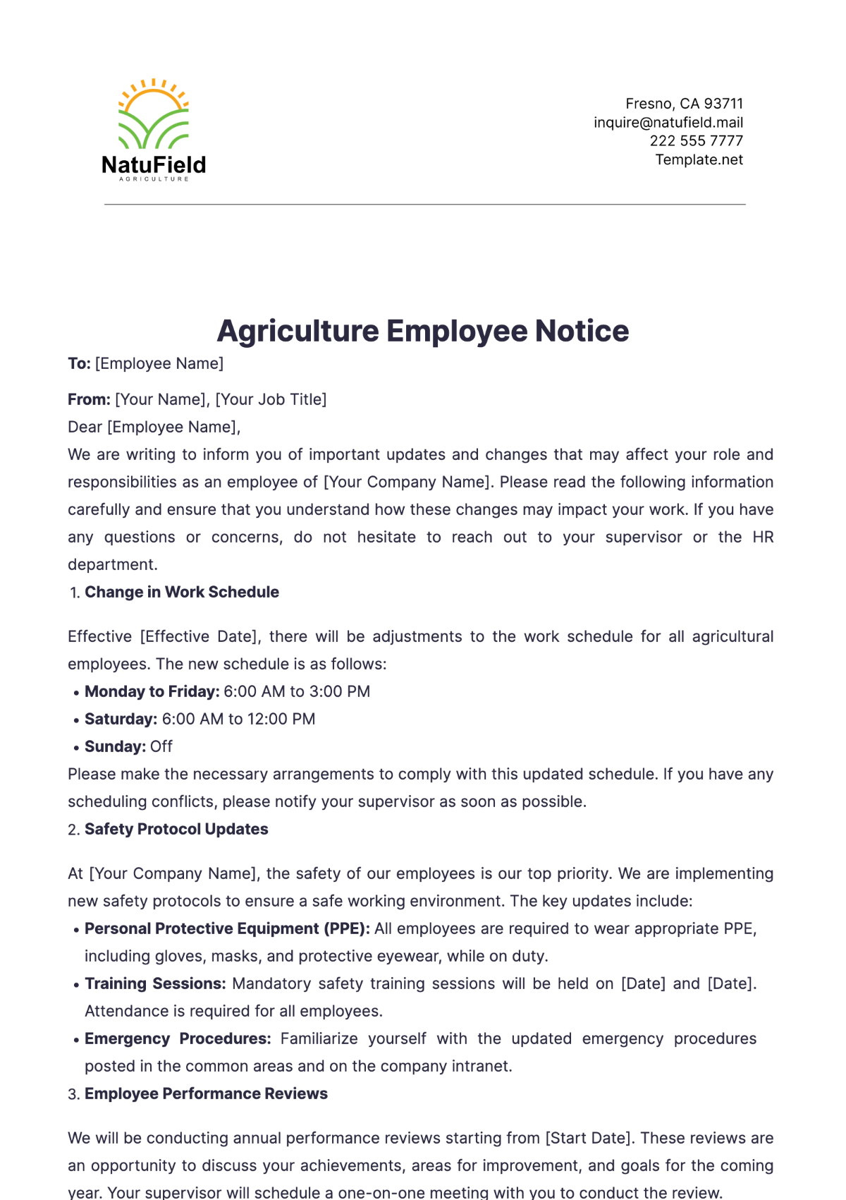 Agriculture Employee Notice Template - Edit Online & Download