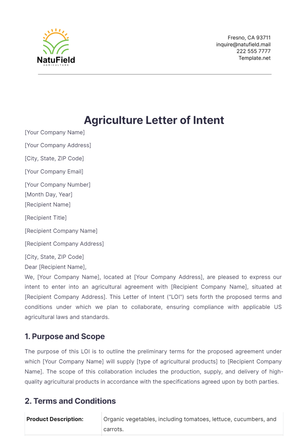 Agriculture Letter of Intent Template - Edit Online & Download