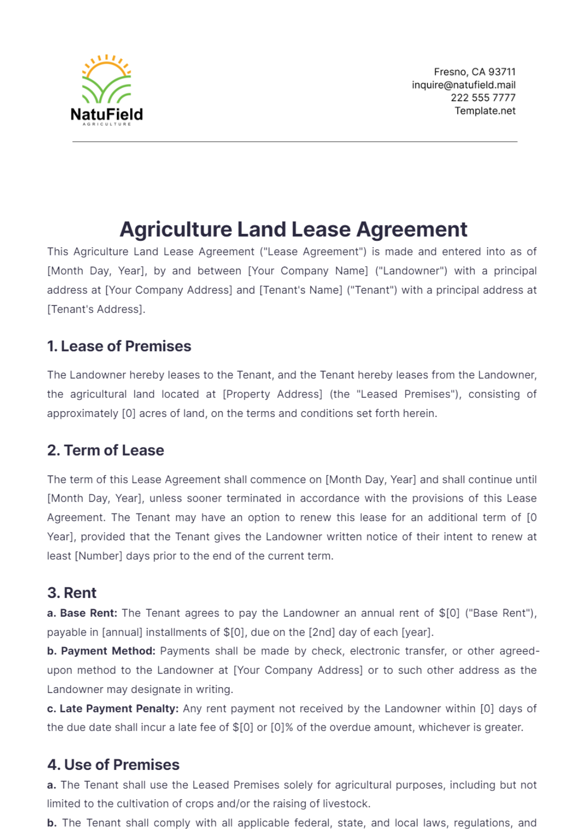 Agriculture Land Lease Agreement Template - Edit Online & Download