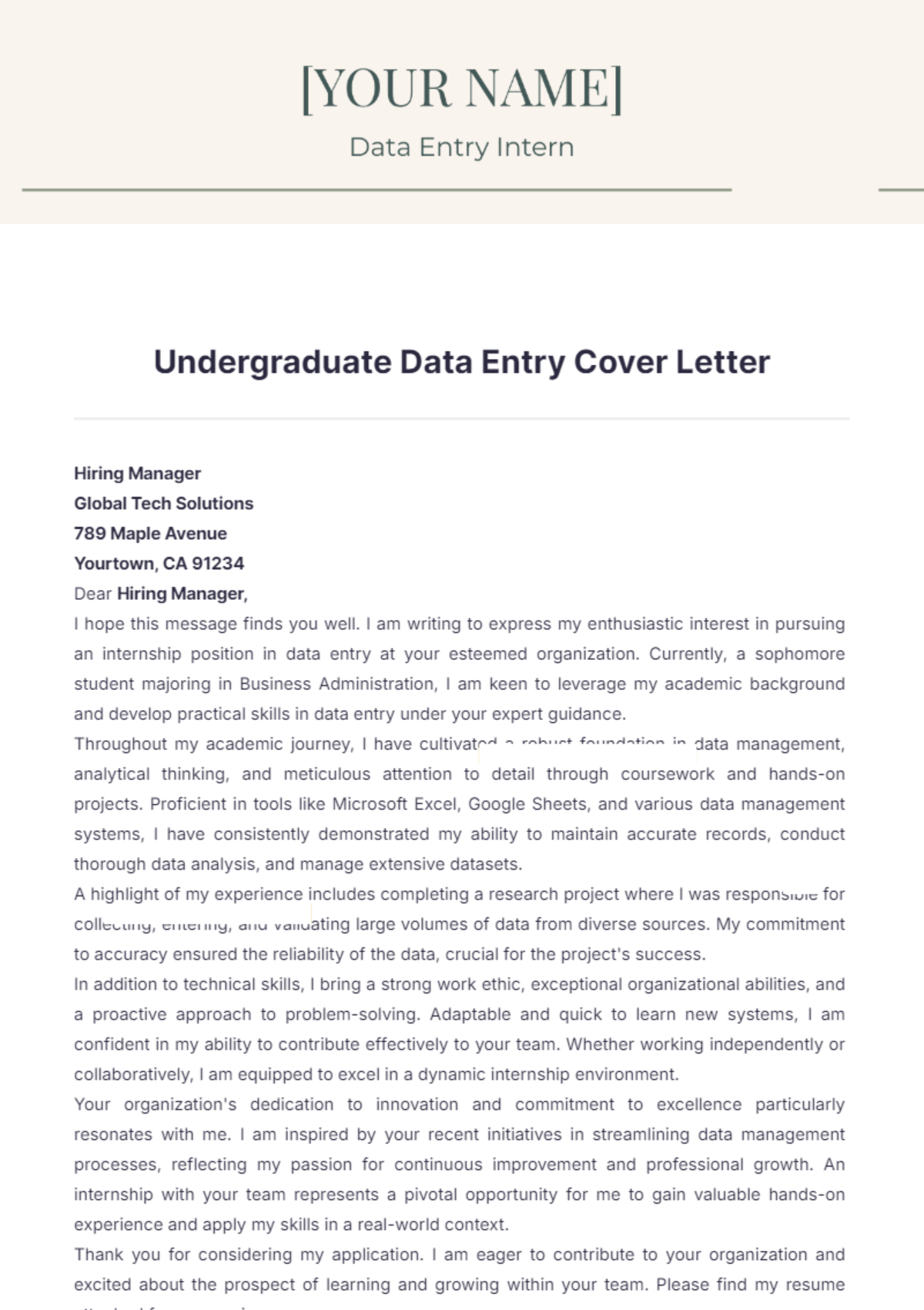 Undergraduate Data Entry Cover Letter - Edit Online & Download