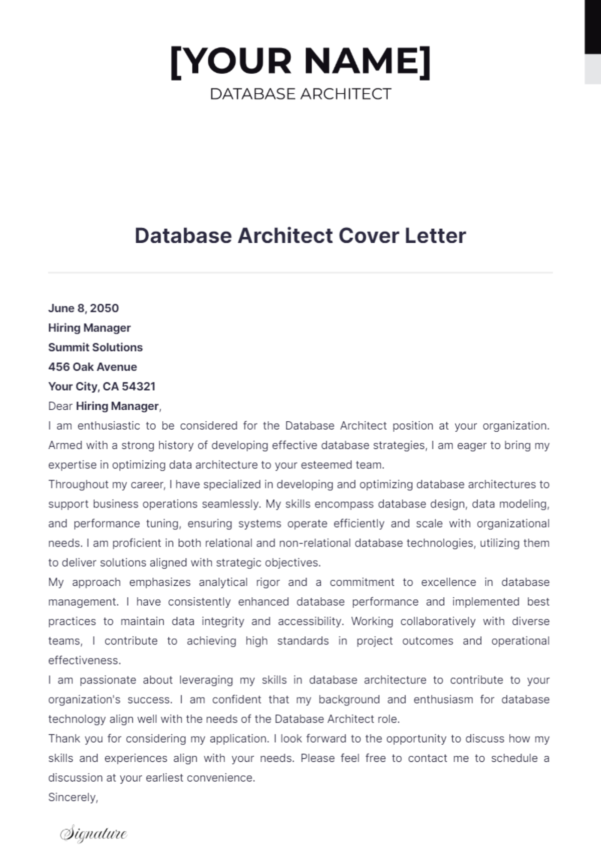 Database Architect Cover Letter