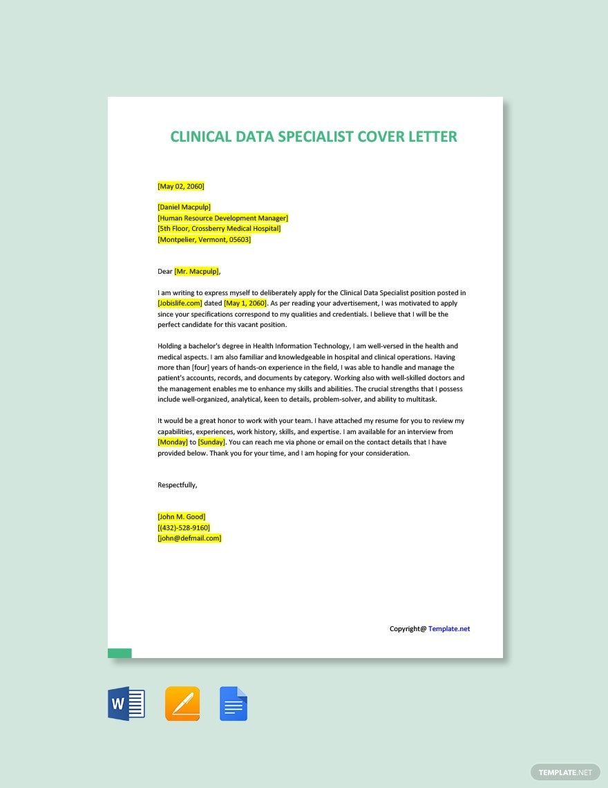 Free Clinical Data Specialist Cover Letter Template
