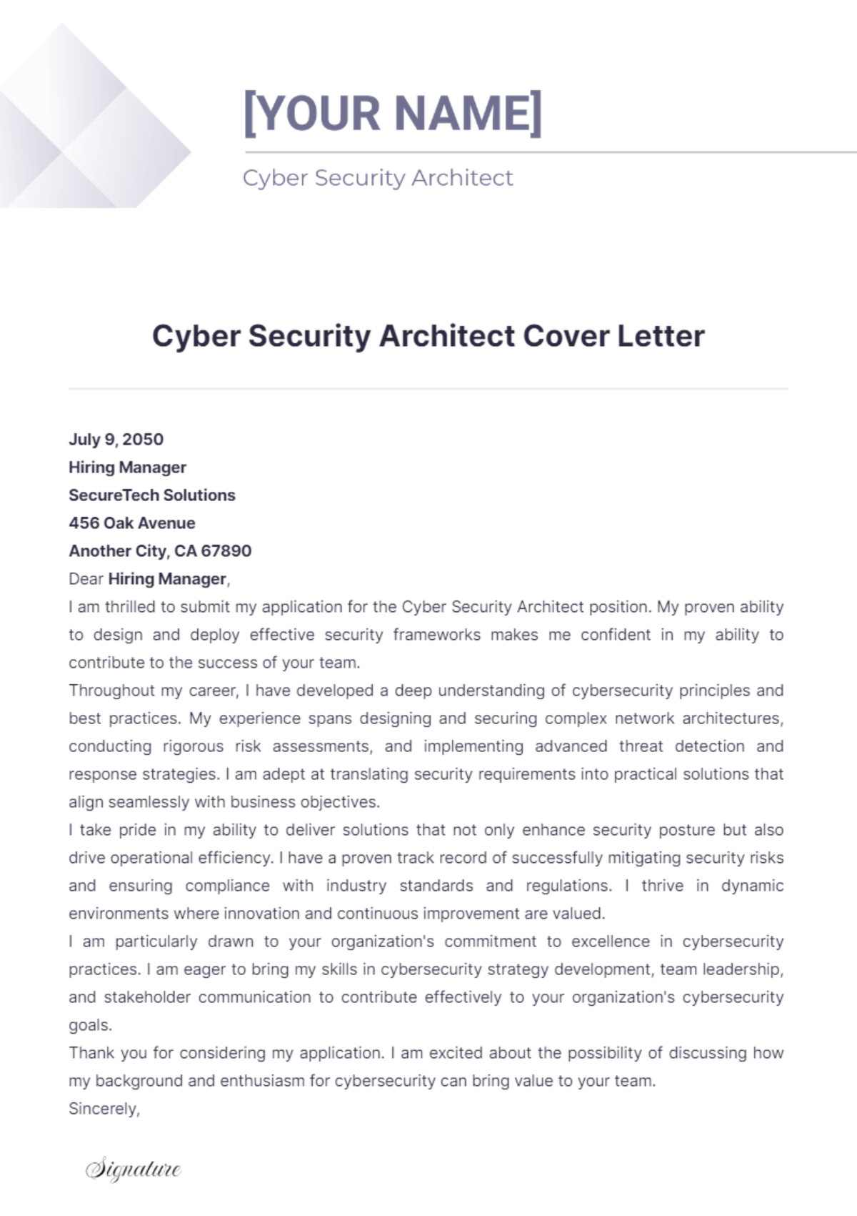 Cyber Security Architect Cover Letter