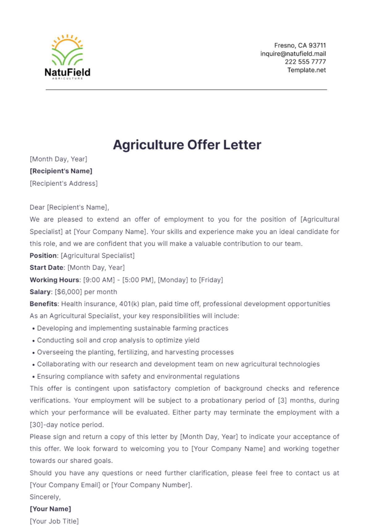 Agriculture Offer Letter Template