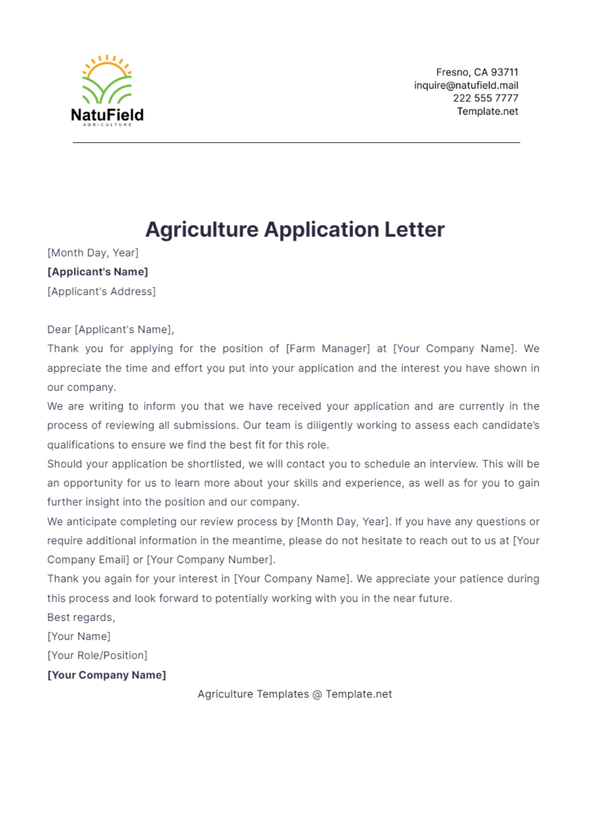 Agriculture Application Letter Template - Edit Online & Download