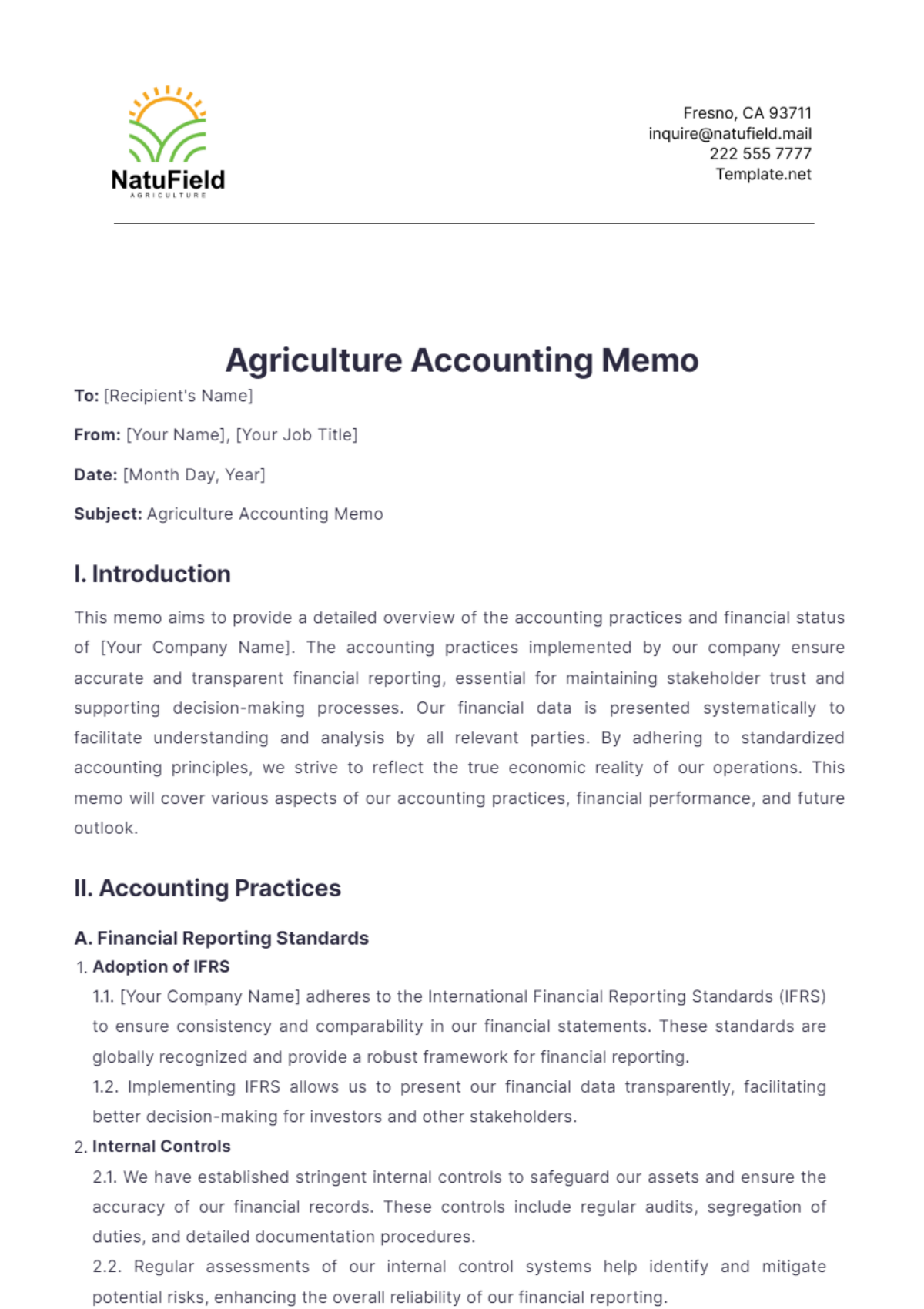 Agriculture Accounting Memo Template - Edit Online & Download