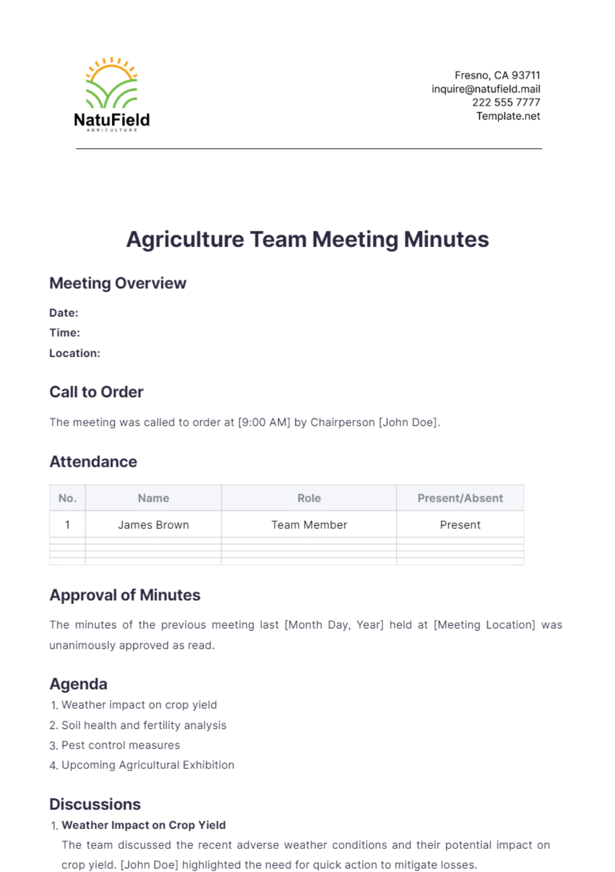 Agriculture Team Meeting Minutes Template