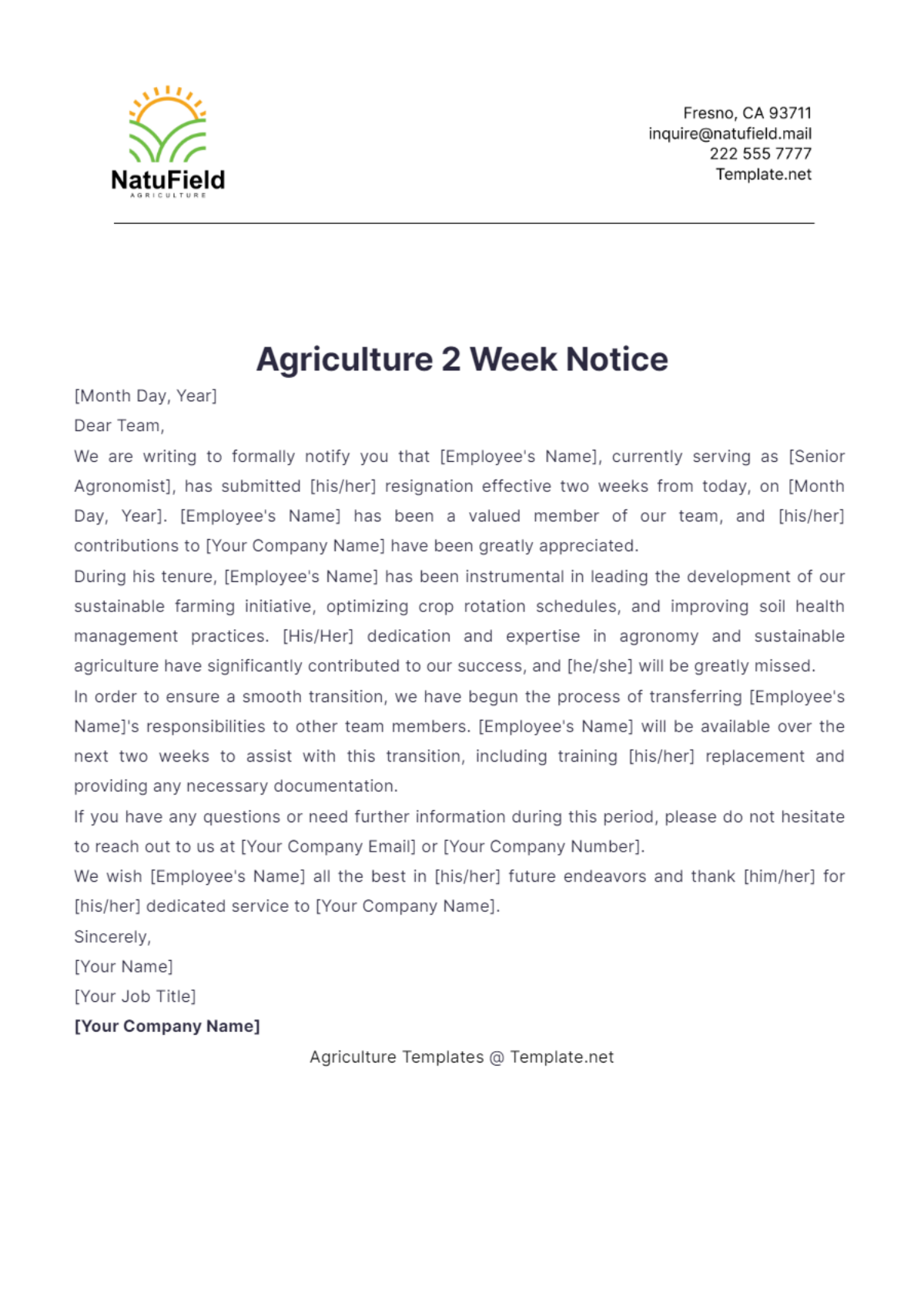 Agriculture 2 Week Notice Template