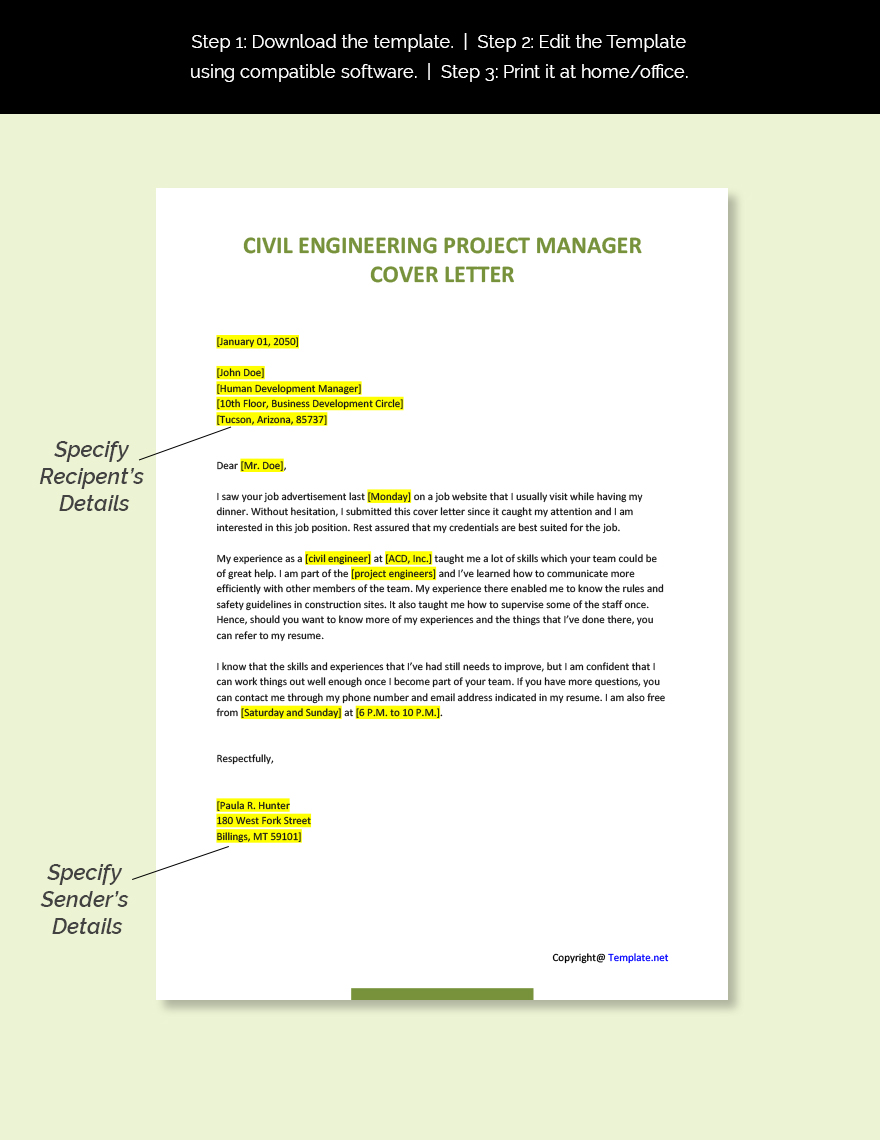 Civil Engineering Project Manager Cover Letter