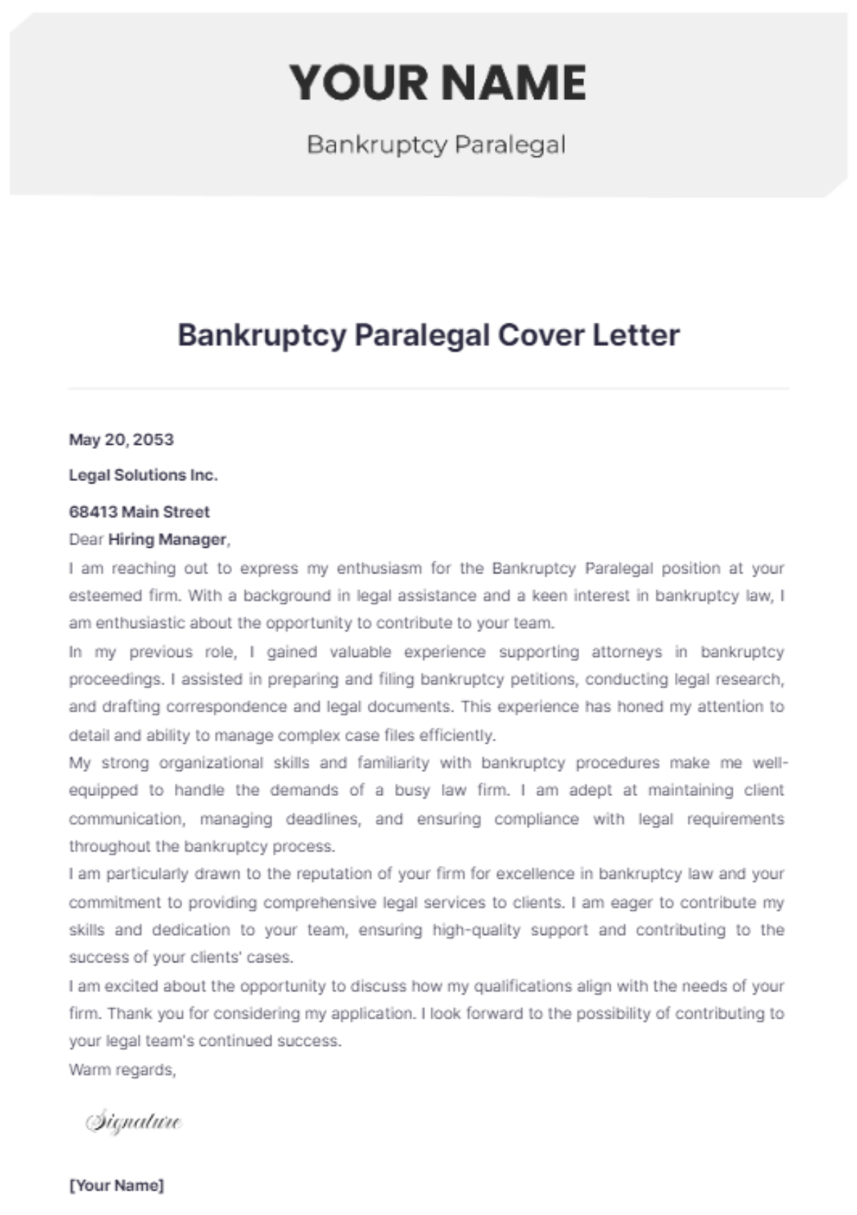 Bankruptcy Paralegal Cover Letter