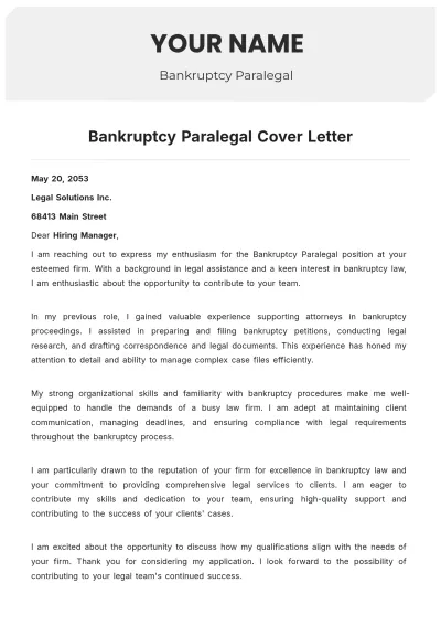 Free Bankruptcy Paralegal Cover Letter to Edit Online