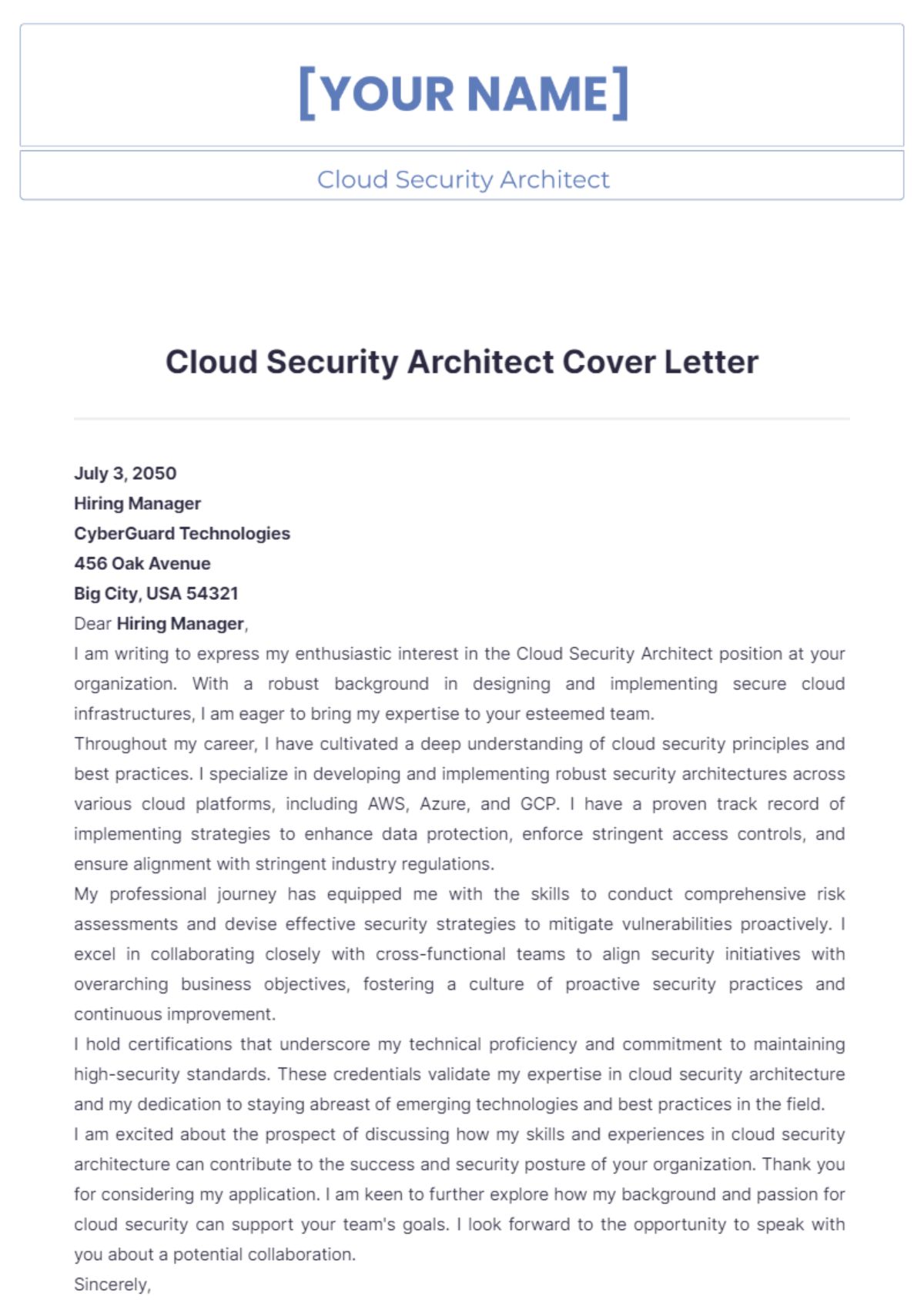 Cloud Security Architect Cover Letter