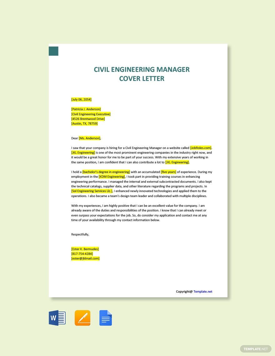 Civil Engineering Manager Cover Letter