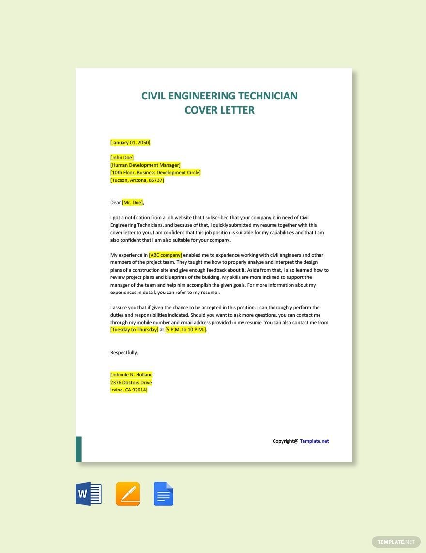 Civil Engineering Technician Cover Letter