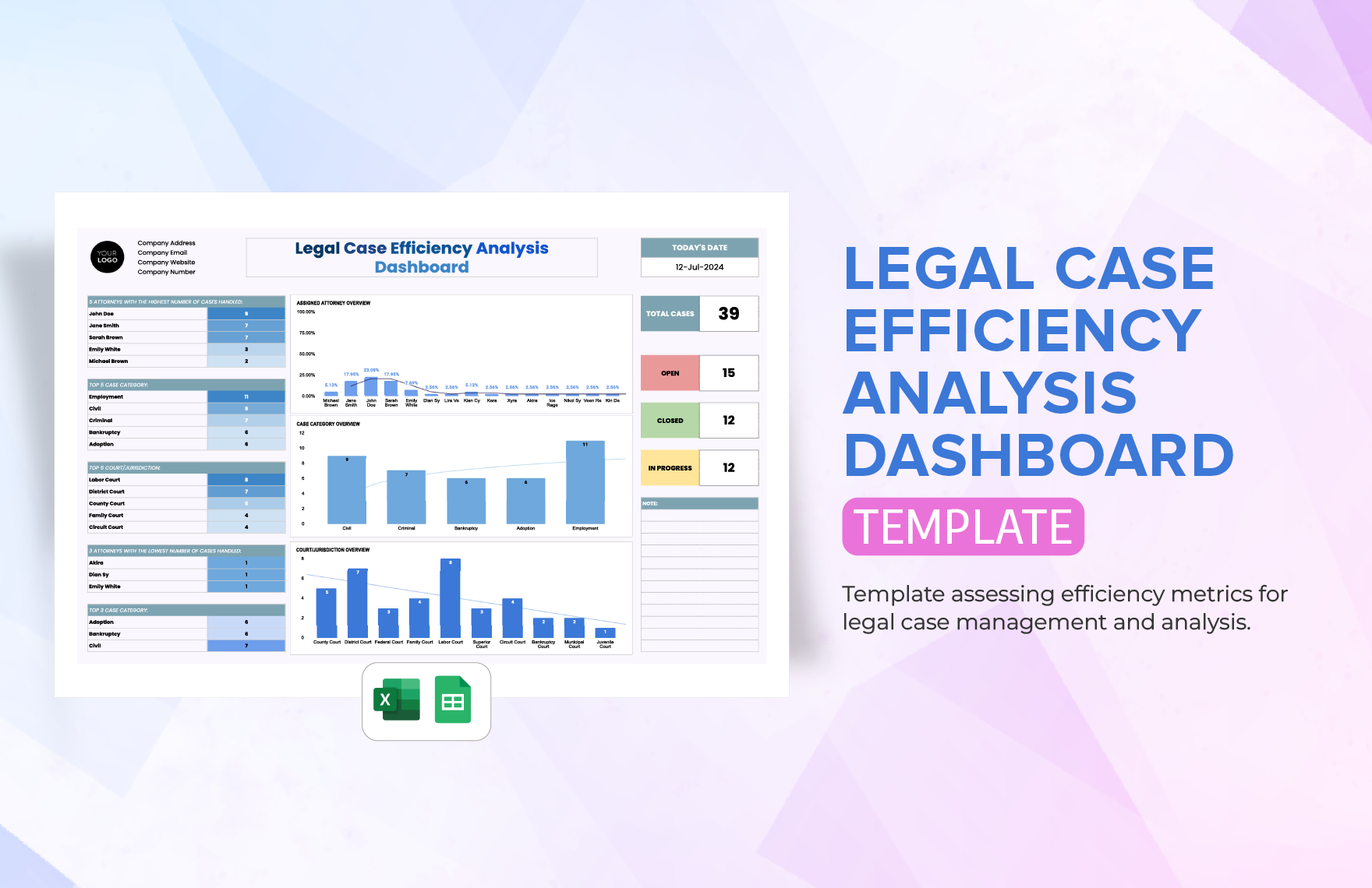 Legal Case Efficiency Analysis Dashboard Template in Excel, Google Sheets